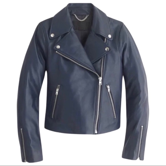 J.Crew Navy Leather Motorcycle Jacket - Picture 2 of 12